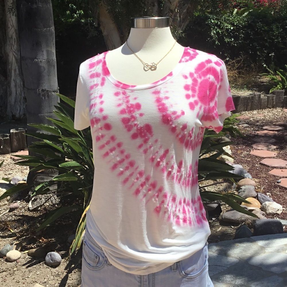INC TIE DYE WOMEN T-SHIRT TOP SHORT SLEEVES SIZE MEDIUM WHITE PINK - Picture 5 of 6